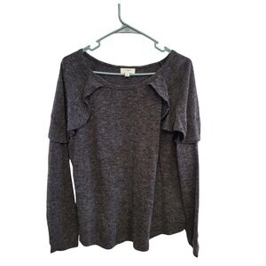 Umgee Ruffle Shoulder Top Womens Small Charcoal Gray Long Sleeve Knit Heathered